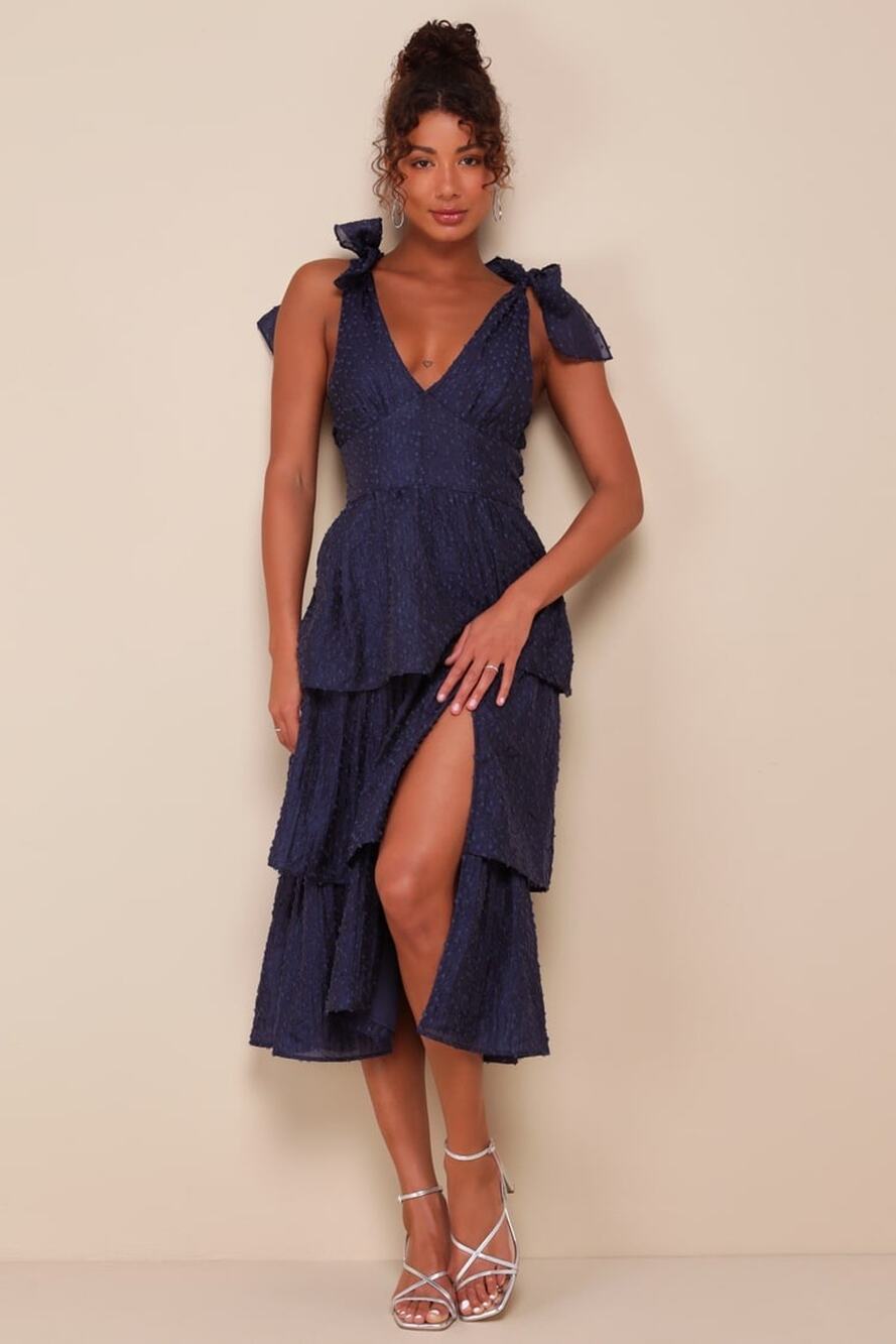 NWT Lulus Blissful Direction Navy Tie-Strap Clip Dot Bustier Midi Dress Gala XL